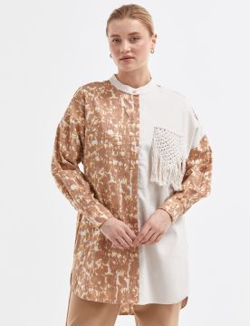 KAYRA Doğal Kumaş Püsküllü Tunik Kahve Sarı