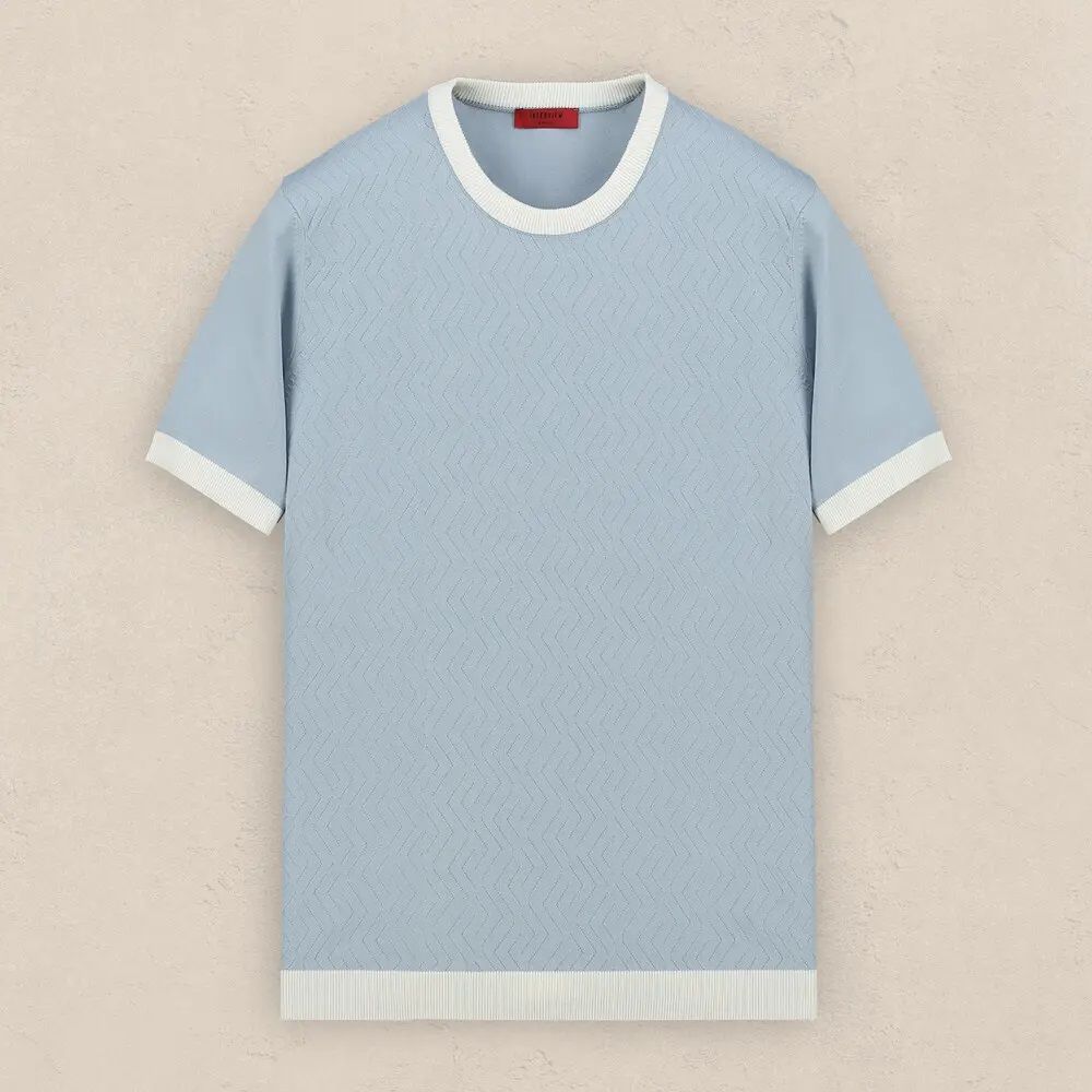 SARAR INTERVIEW  BİSİKLET YAKA KISA KOL DESENLİ MAVİ TRİKO