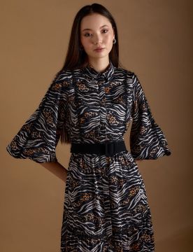 Balon Kol Animal Print Elbise