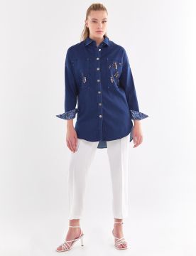 KAYRA Garnili Denim Ceket Koyu Lacivert