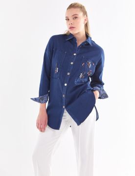 KAYRA Garnili Denim Ceket Koyu Lacivert