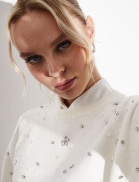 KAYRA Exclusive Taş Ve İncili Reglan Kol Triko Bluz Ekru