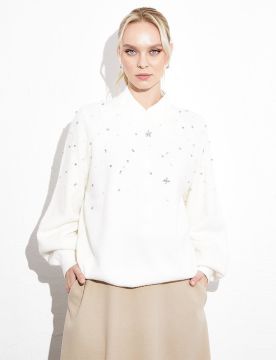 KAYRA Exclusive Taş Ve İncili Reglan Kol Triko Bluz Ekru