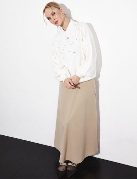 KAYRA Exclusive Taş Ve İncili Reglan Kol Triko Bluz Ekru