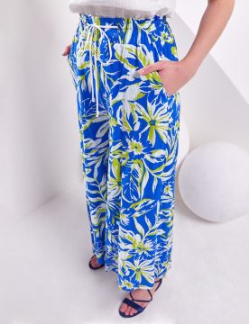 KAYRA Floral Desenli Geniş Paça Pantolon Kobalt Mavi