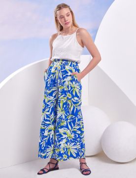 KAYRA Floral Desenli Geniş Paça Pantolon Kobalt Mavi
