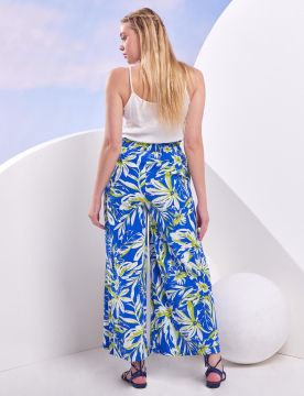 KAYRA Floral Desenli Geniş Paça Pantolon Kobalt Mavi