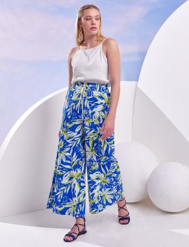 KAYRA Floral Desenli Geniş Paça Pantolon Kobalt Mavi