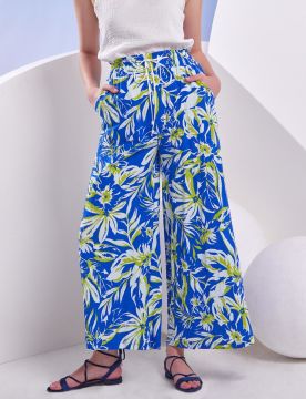 KAYRA Floral Desenli Geniş Paça Pantolon Kobalt Mavi