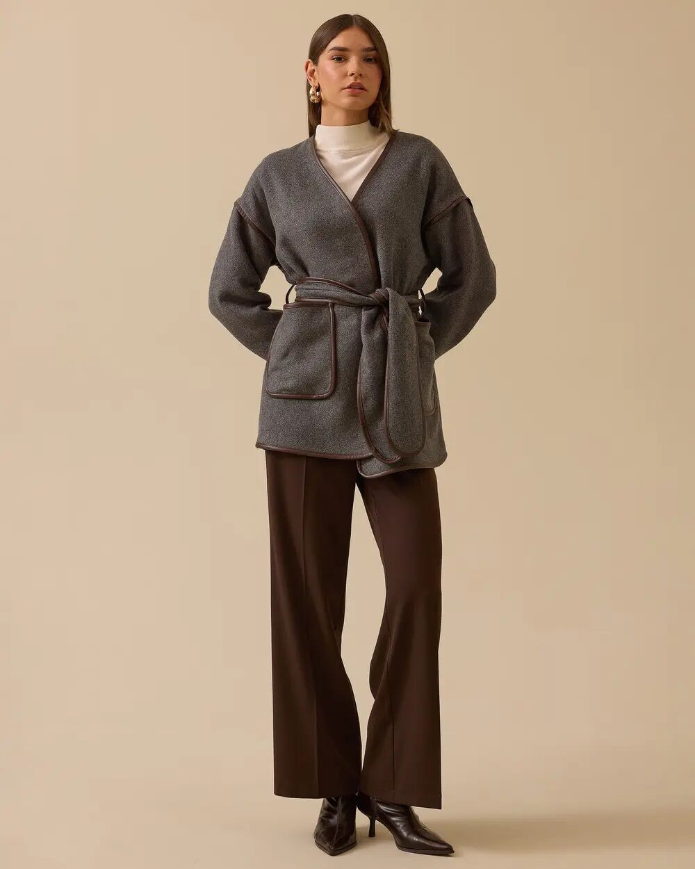 SEÇİL Suni Deri Biyeli Kuşaklı Ceket