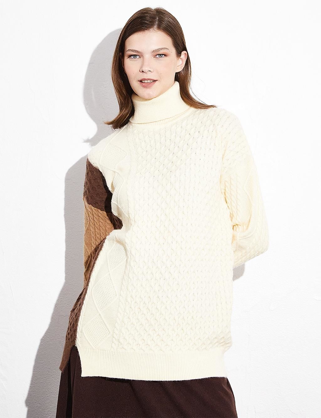 KAYRA Exclusive Örgü Tasarımlı Renkli Triko Tunik Camel