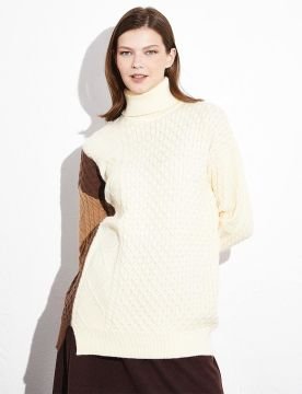 KAYRA Exclusive Örgü Tasarımlı Renkli Triko Tunik Camel