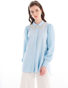 KAYRA Yakası Boncuk İşlemeli Balon Kol Bluz