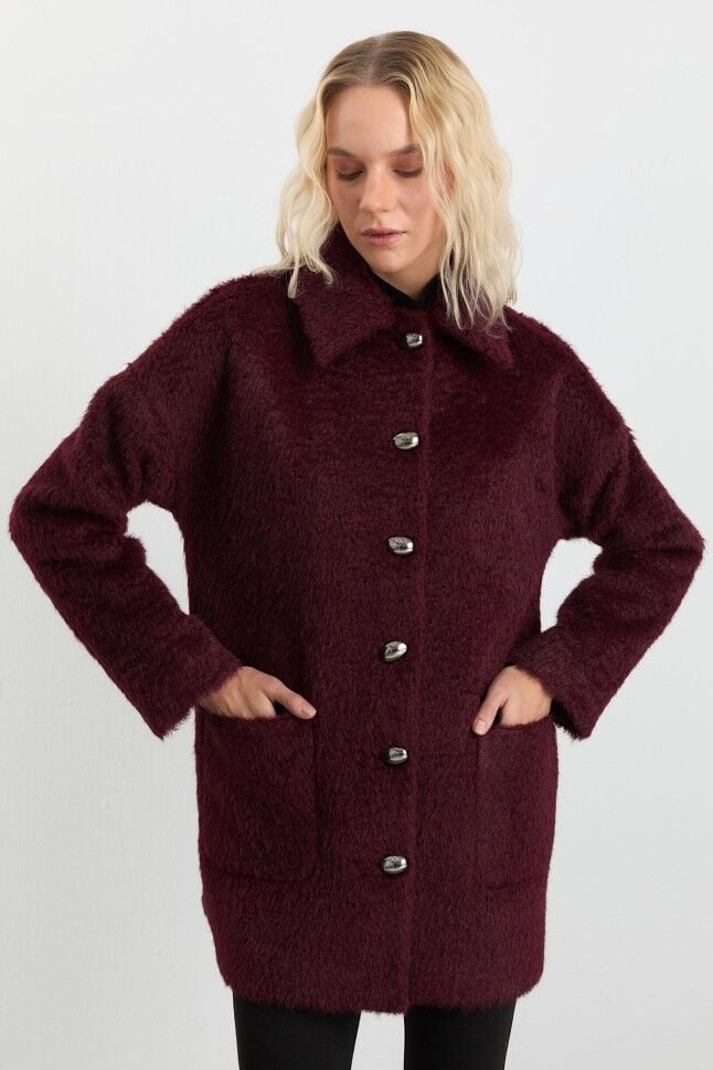 SELEN Şömizye Yaka Dıştan Cep Tüylü Kaban