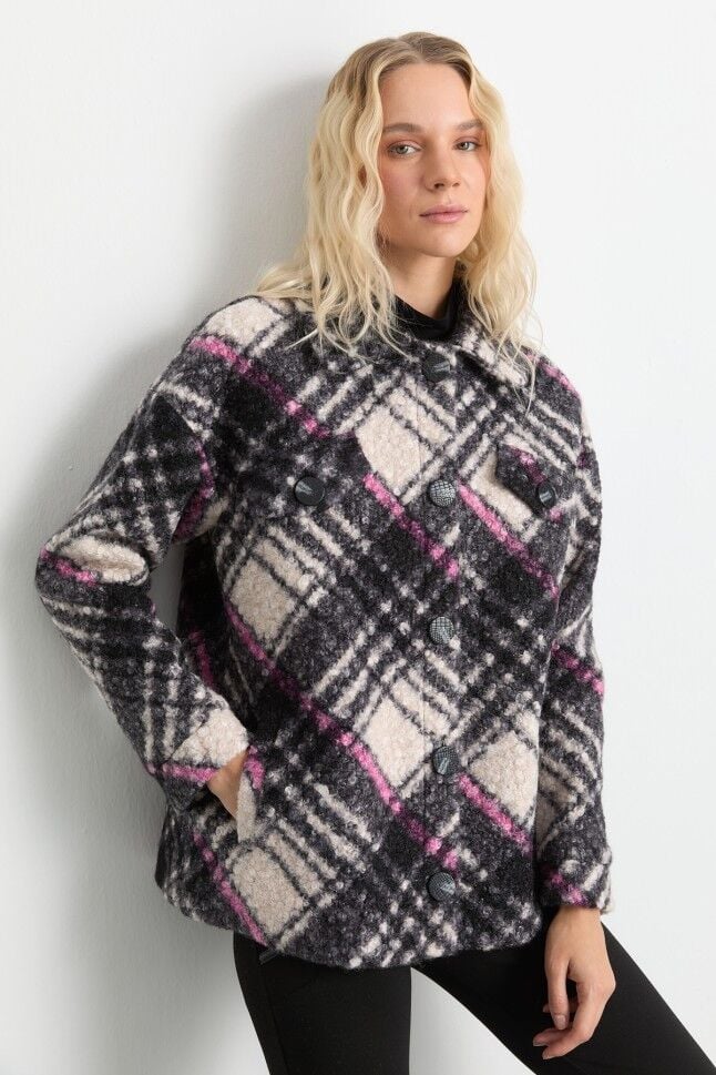 SELEN Önü Düğmeli Düşük Kol Ekose Kaban