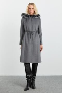 SELEN Beli Büzgülü Kapüşonlu Kürklü Uzun Kaban