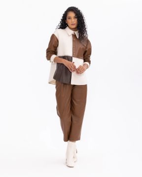 SEÇİL DÜĞMELİ SUNİ DERİ DETAYLI KUMAŞ GEÇİŞLİ CEKET