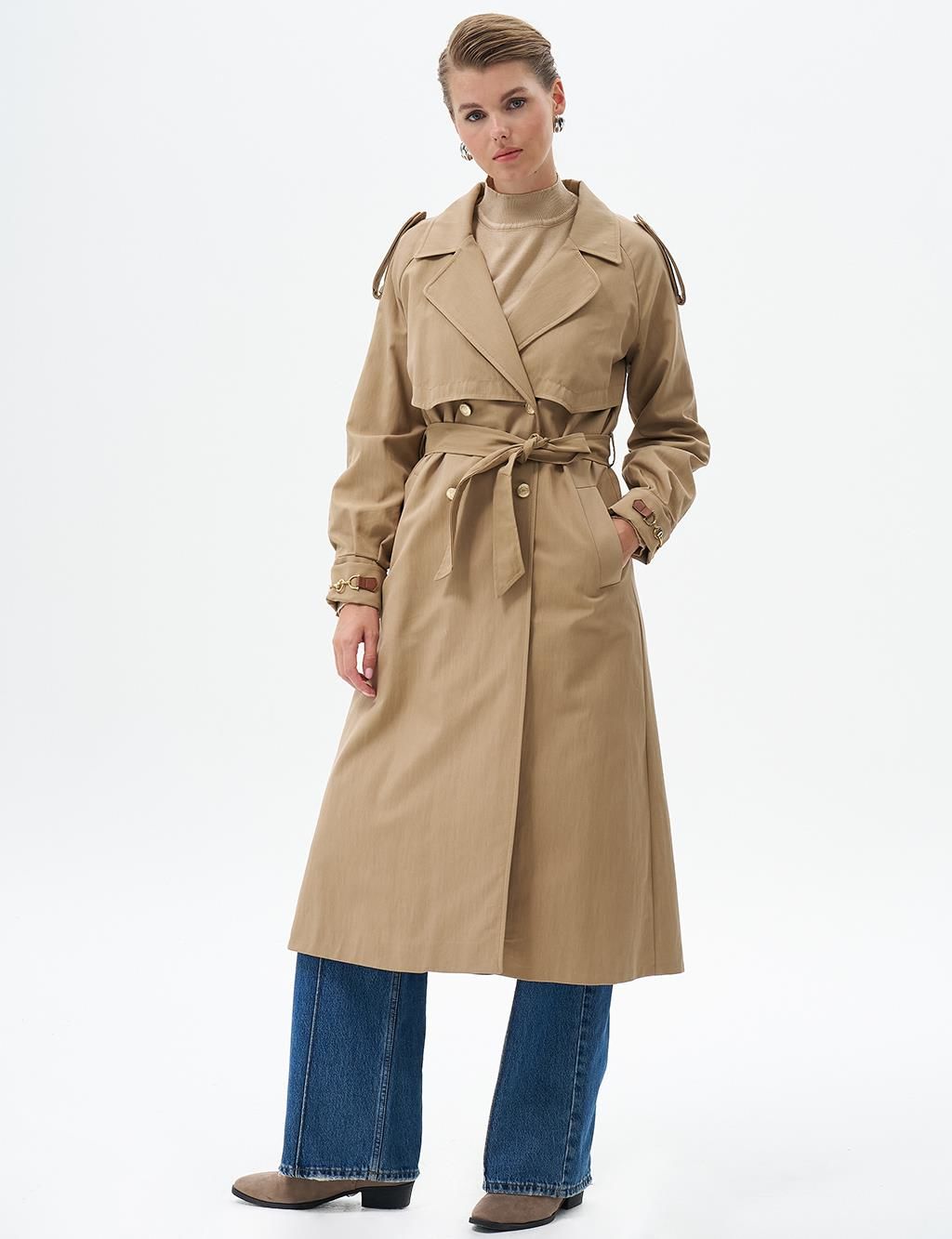 KAYRA Gold Düğme Detaylı Kruvaze TRENCKOT