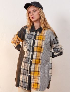 KAYRA Cepli Kumaş Garnili Tunik Krem Siyah