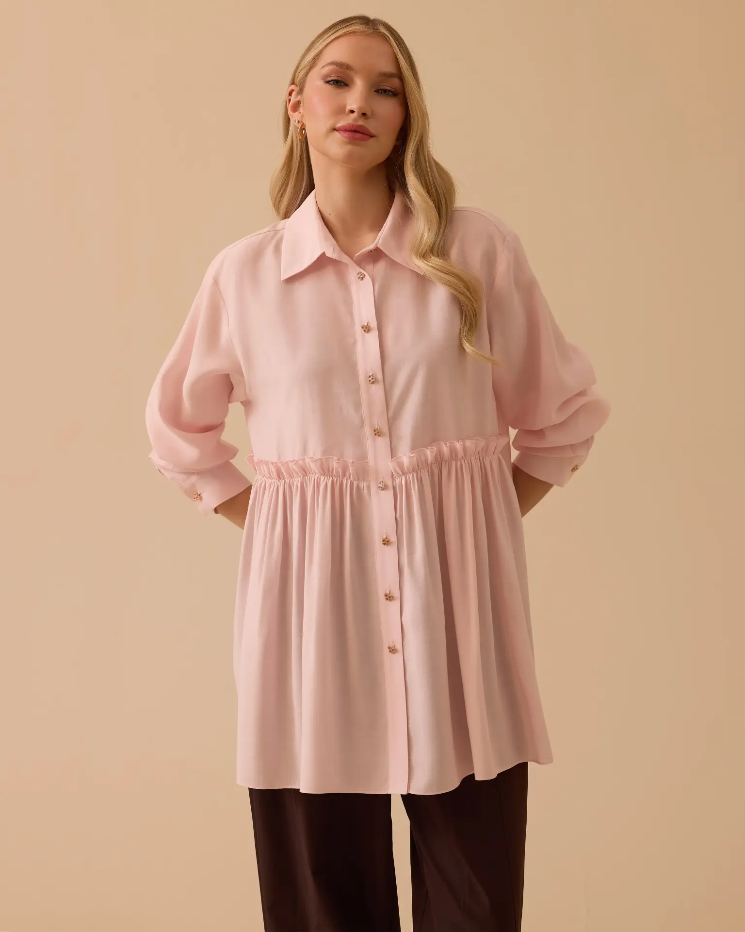 SEÇİL Büzgü Detaylı Oversize Gömlek Yaka Tunik