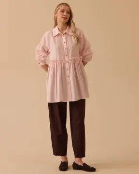 SEÇİL Büzgü Detaylı Oversize Gömlek Yaka Tunik