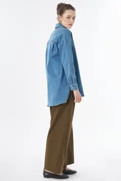 KAYRA Yıkamalı Nakış İşlemeli Denim Tunik Mavi
