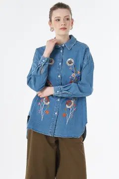 KAYRA Yıkamalı Nakış İşlemeli Denim Tunik Mavi