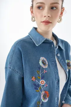 KAYRA Yıkamalı Nakış İşlemeli Denim Tunik Mavi