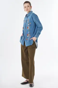 KAYRA Yıkamalı Nakış İşlemeli Denim Tunik Mavi