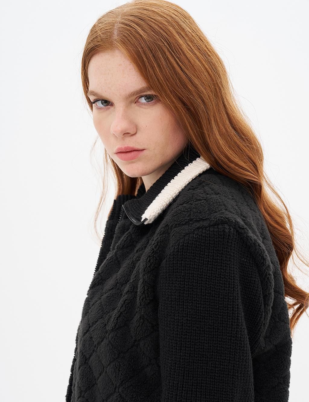 KAYRA Triko Garnili Peluş Ceket