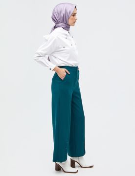 KAYRA Paçası Çıt Çıtlı Yüksek Bel Pantolon Zümrüt
