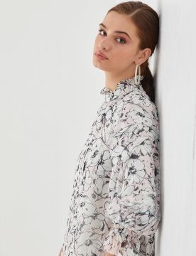 Fırfır Yakalı Floral Desenli Elbise