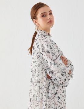Fırfır Yakalı Floral Desenli Elbise