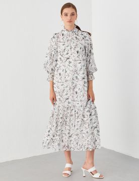 Fırfır Yakalı Floral Desenli Elbise