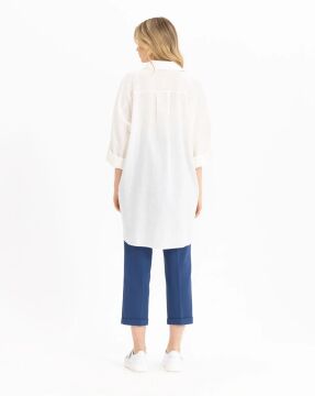 SEÇİL Oversize Cepli Keten Gömlek - Beyaz