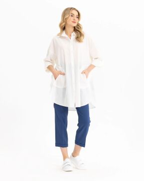 SEÇİL Oversize Cepli Keten Gömlek - Beyaz