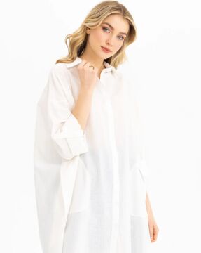 SEÇİL Oversize Cepli Keten Gömlek - Beyaz