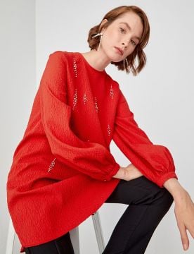 KAYRA Boncuk İşlemeli Crinkle Tunik Kırmızı