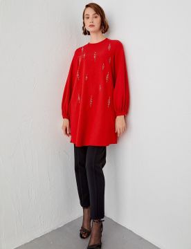 KAYRA Boncuk İşlemeli Crinkle Tunik Kırmızı