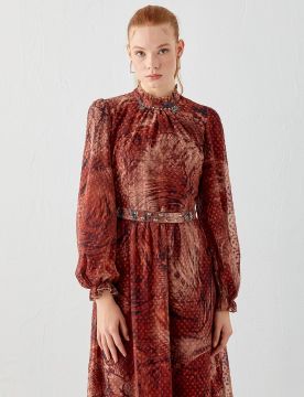KAYRA Soyut Desenli Elbise Bordo