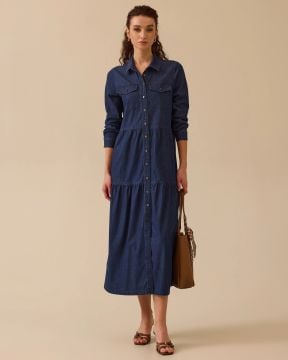 SEÇİL GÖMLEK YAKA DÜĞMELİ JEAN ELBİSE