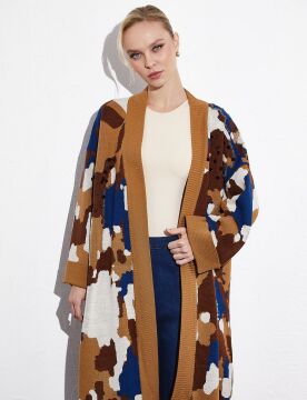 KAYRA Color Block Desenli Triko Hırka Camel