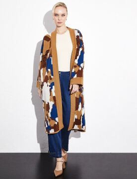 KAYRA Color Block Desenli Triko Hırka Camel