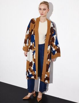KAYRA Color Block Desenli Triko Hırka Camel