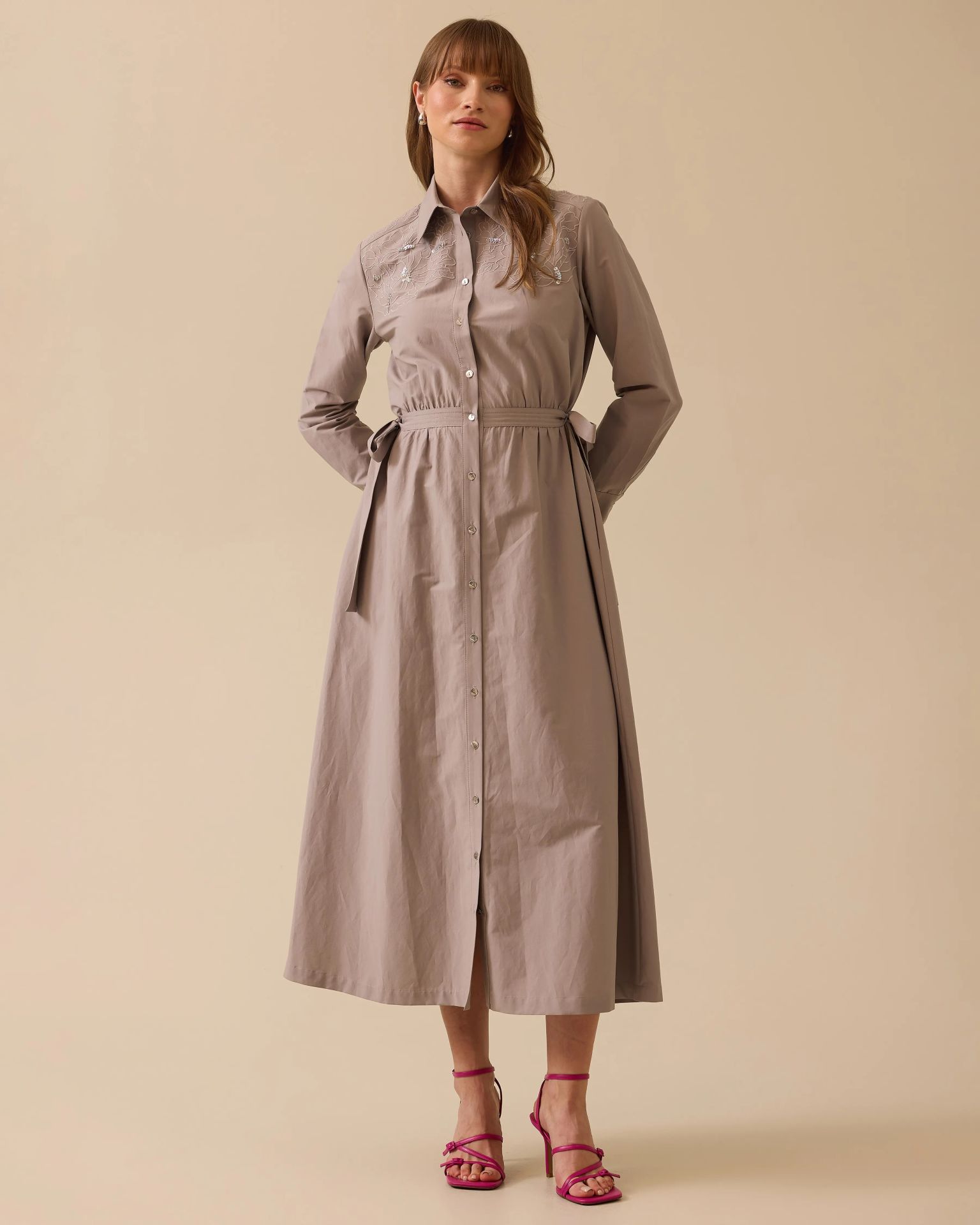 SEÇİL NAKIŞLI BELİ BAĞLAMALI CEPLİ ELBİSE