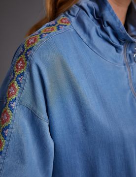 KAYRA Nervürlü Dik Yakalı Etnik Desenli Giy-Çık Mavi