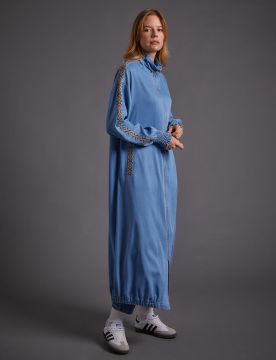 KAYRA Nervürlü Dik Yakalı Etnik Desenli Giy-Çık Mavi