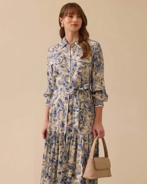 SEÇİL GÖMLEK YAKA ÇİÇEK DESENLİ PİLELİ ELBİSE