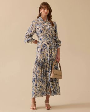 SEÇİL GÖMLEK YAKA ÇİÇEK DESENLİ PİLELİ ELBİSE