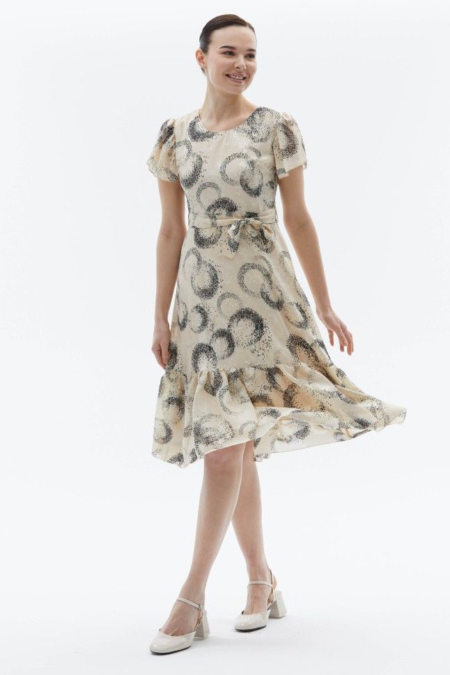 SELEN Kolu ve Etek Ucu Volanlı Daire Desen Elbise